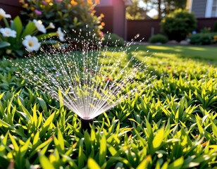 sprinkler watering green lawn in evening sunlight, on right, under dappled light, copy space on left.