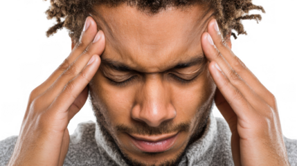 Close up portrait of stressed young man having headache and dizziness, touching temples with fingers, suffering from acute pain, isolated on transparent background