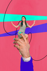 Vertical 3d art pop image collage of happy girl guy stand hand marionette exploitation puppet...