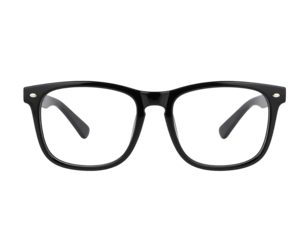 Black framed eyeglasses on a white background
