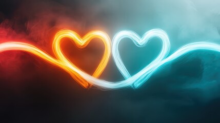Two glowing hearts, one orange and one blue, intertwine against a moody background, representing love and unity in a visually stunning abstract form that captivates the mind.