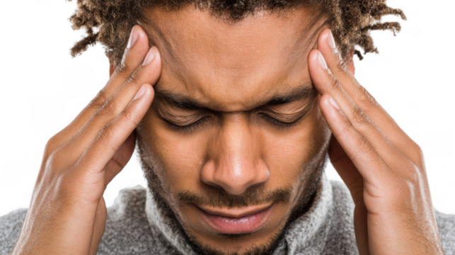 Close up portrait of stressed young man having headache and dizziness, touching temples with fingers, suffering from acute pain, isolated on transparent background