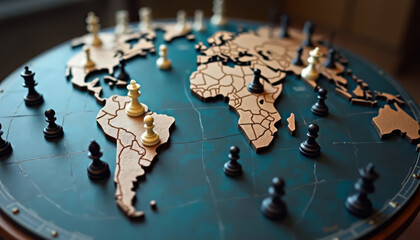 Chess pieces placed on world map, symbolizing global strategy, competition, leadership and international power.