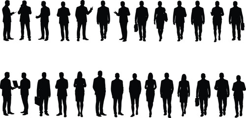 Silhouette of business people talking, walking, standing, in office attire, professional teamwork group concept, corporate meeting, communication pose vector