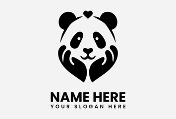 Black and white panda logo design with hands forming a heart shape.