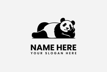 Black and white cartoon panda logo, lying down, relaxed pose.