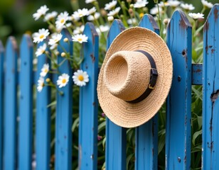 woven straw hat hanging on weathered blue fence with blooming white daisies in background, top positioning with clear copy space at the bottom.