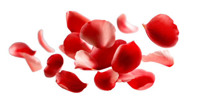 Floating red rose petals create a romantic atmosphere in the air