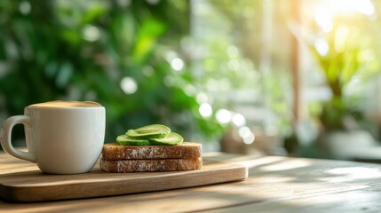 A rustic wooden table setting featuring toasted bread topped with fresh cucumbers and a steaming cup of coffee, radiating inviting warmth and the pleasure of a cozy meal.