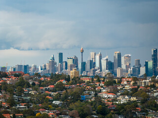 Drone aerial point of view cityscape Sydney skyline with skyscrapers office building and real...