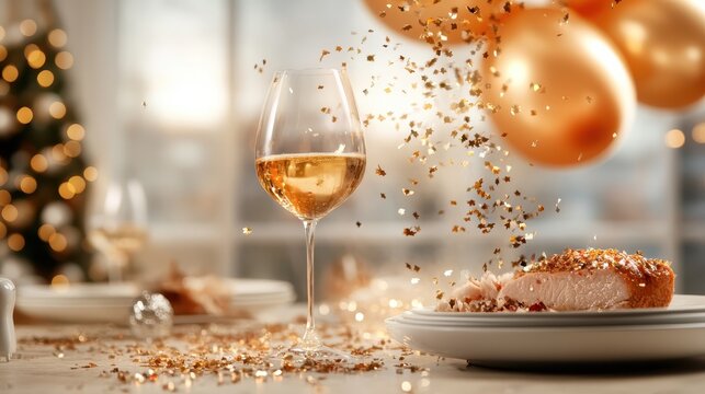 A festive dinner table adorned with a glass of sparkling wine and celebratory elements, capturing the joyous spirit of gatherings during special occasions and celebrations.
