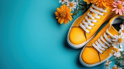 These bright yellow sneakers are playfully arranged with colorful flowers on a turquoise background, creating a lively and cheerful atmosphere perfect for fashion lovers.