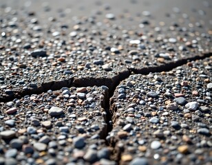close up of a large crack in asphalt pavement surface.