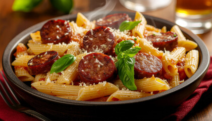Fototapeta premium Penne Pasta with Italian Sausage, Tomato Sauce, and Parmesan
