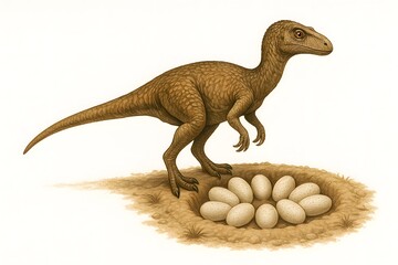 Velociraptor Eggs and Nest - Prehistoric Dinosaur Wildlife Illustration