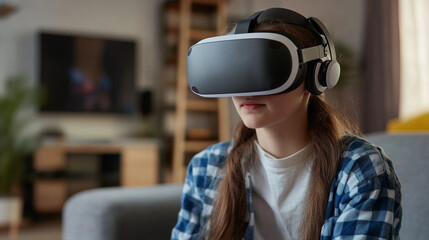 Teen playing VR game in living room Close-up