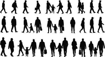 Silhouette of people walking, standing, family with kids, urban lifestyle, group activity, street view, vector human illustration, black shapes