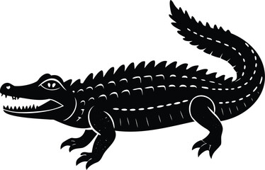 Illustration of a stylized black alligator with white markings on a white background