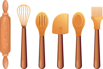 set of wooden kitchen utensils, baking tools, whisk, spatula, rolling pin, spoon, slotted spoon
