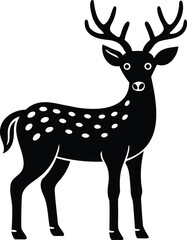 Black silhouette of a spotted deer with antlers on a white background