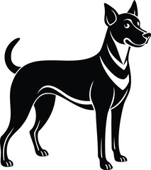 Elegant minimalist illustration of a sleek black dog standing alert and attentive