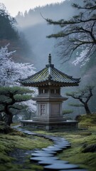 Obraz premium Japanese garden pagoda with cherry blossoms, tranquil Japanese garden pagoda pathway scene, peaceful Japanese garden pagoda in spring mist