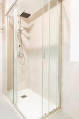 Aluminum corner shower with slim white shower tray,  square shower head, bathroom, shower screen