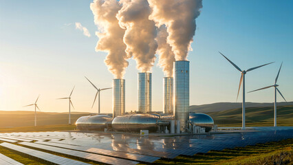 Modern Industrial Plant for Eco-Friendly Hydrogen with Solar Panels and Wind Turbines