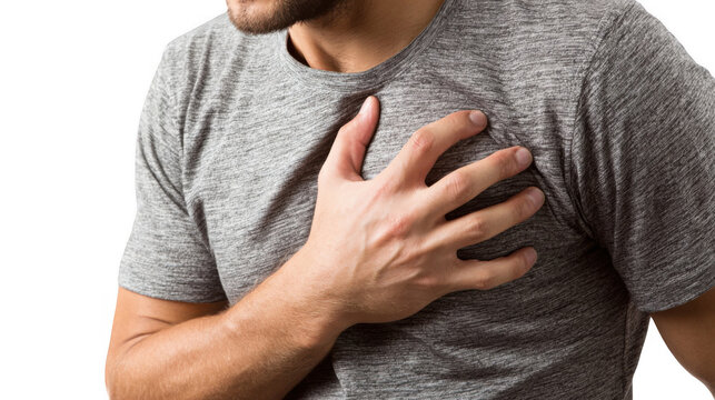 Man experiencing a panic attack, gripping his chest against a transparent background, illustrating the struggles of anxiety and mental health challenges