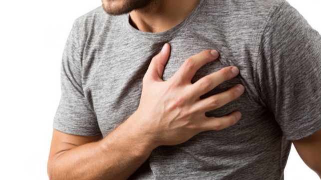 Man experiencing a panic attack, gripping his chest against a transparent background, illustrating the struggles of anxiety and mental health challenges - Powered by Adobe