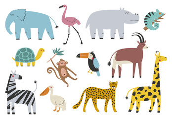 African animals and birds vector illustration set. Wild fauna of Africa.