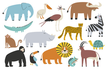 Hand-Drawn African Animals and Birds – Cute Vector Set for Kids