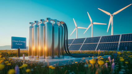 Clean Energy Setup with Hydrogen Cylinders, Solar Panels, and Wind Turbines Under Blue Sky