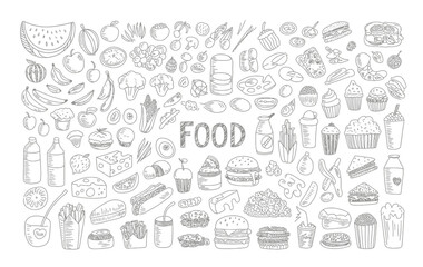 hand-drawn doodle illustration of assorted food items including fruits, fast food, desserts, snacks, drinks, and meals on white