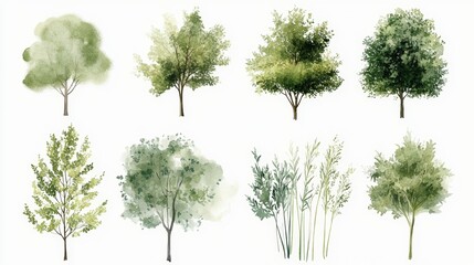 Fototapeta premium Watercolor illustrations of various green trees and plants, showcasing different shapes, textures, and shades of foliage on a white background.