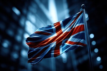 Waving Union Jack in a city at night