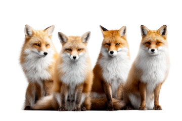 Four foxes lined up with a transparent background in natural poses