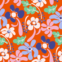 Seamless retro bold floral pattern with groovy playful stylized flowers for textile, digital paper