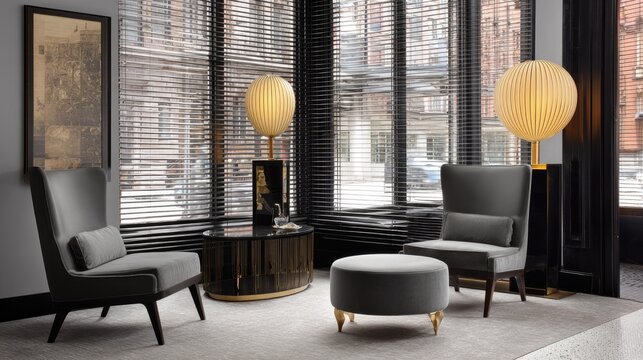 Modern lounge with sleek furniture and neutral tones, embodying minimalist elegance and contemporary comfort.