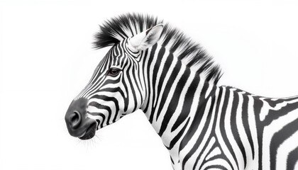Zebra close-up profile against white background in monochrome style  