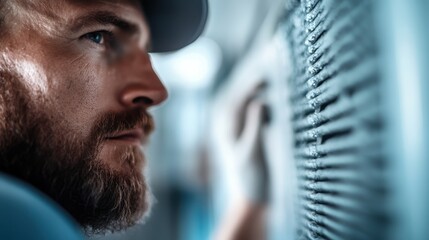 A dedicated technician examines an air conditioning unit, conveying diligence and expertise in maintaining essential cooling systems in modern buildings.