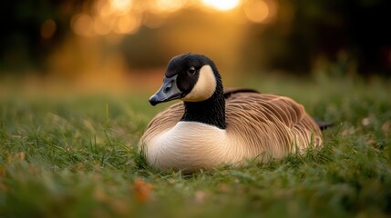 A tranquil scene featuring a duck relaxing on lush grass with a beautiful sunset backdrop, embodying nature's peaceful essence and the simplicity of outdoor life.