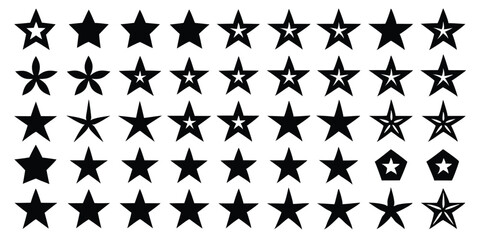 Fototapeta premium Collection of black star icons in various styles and designs on a white background