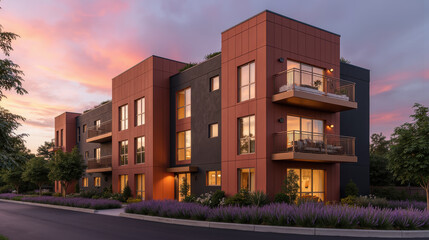 Obraz premium Modern apartment building with stylish architecture, vibrant sunset, and lush landscaping creates serene atmosphere