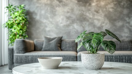 Modern living room with plants and cozy gray sofa