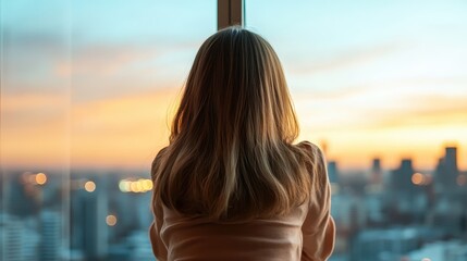 A woman with flowing hair gazes out of a window at a stunning city skyline during sunset, capturing feelings of contemplation, hope, and connection to urban life.