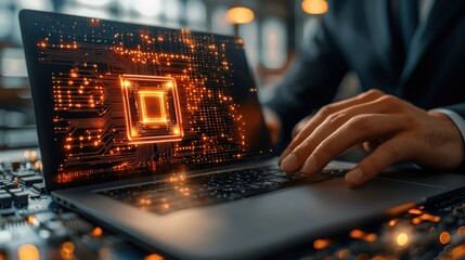 Close-up of a person working on a laptop, with a glowing circuit board graphic overlay