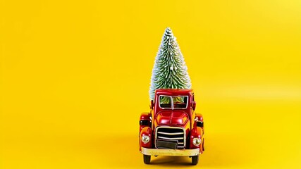 Red retro toy truck with Christmas tree on truck body on yellow background. Delivery, christmas, New Year concept. Vintage toy model car with Christmas tree. rotation animation