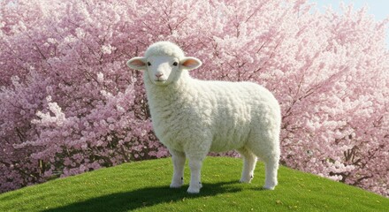 White lamb standing on green hill with pink cherry blossoms