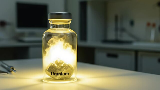 Uranium in a glass jar emitting radiation, science experiment with uranium material